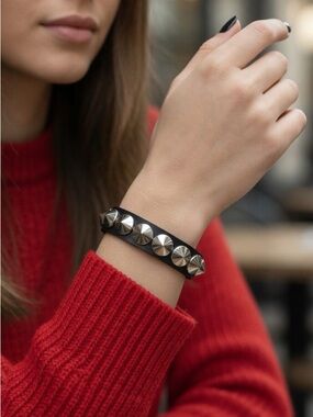 Black Edgy Leather Silver Spike Stud Rebel Rocker Concert Bracelet Adjustable